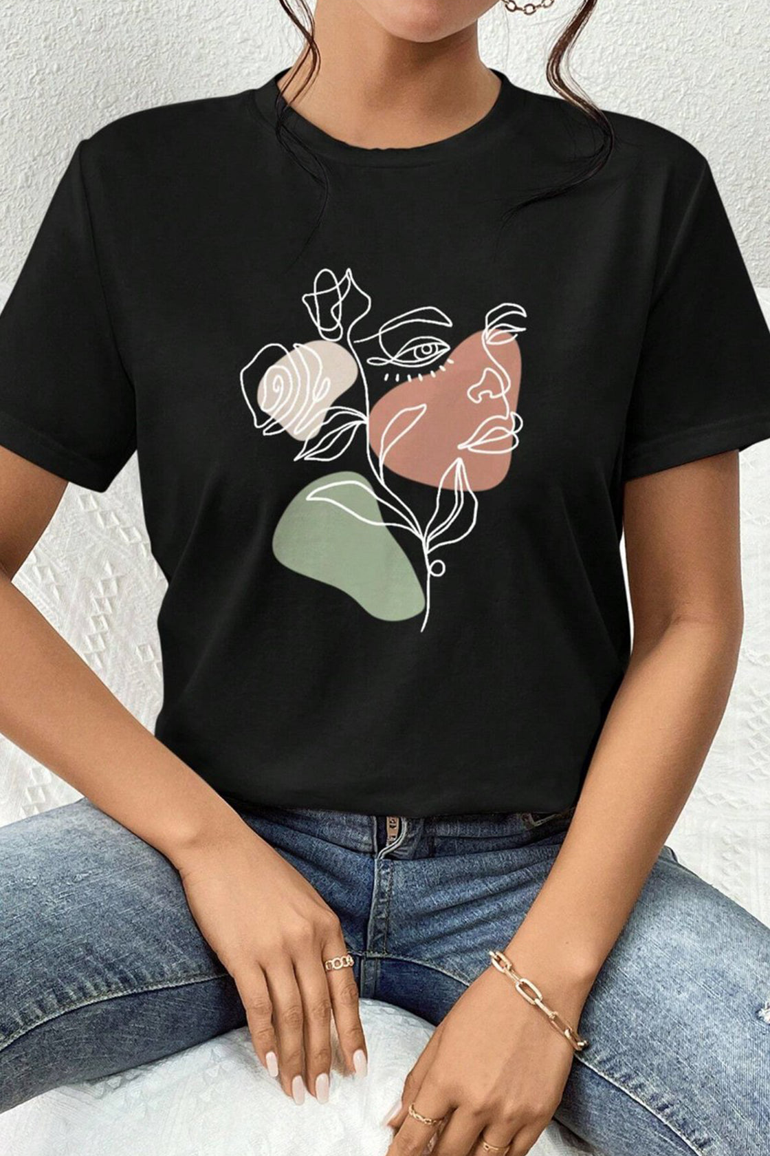 Black Abstract Faces T‑Shirt