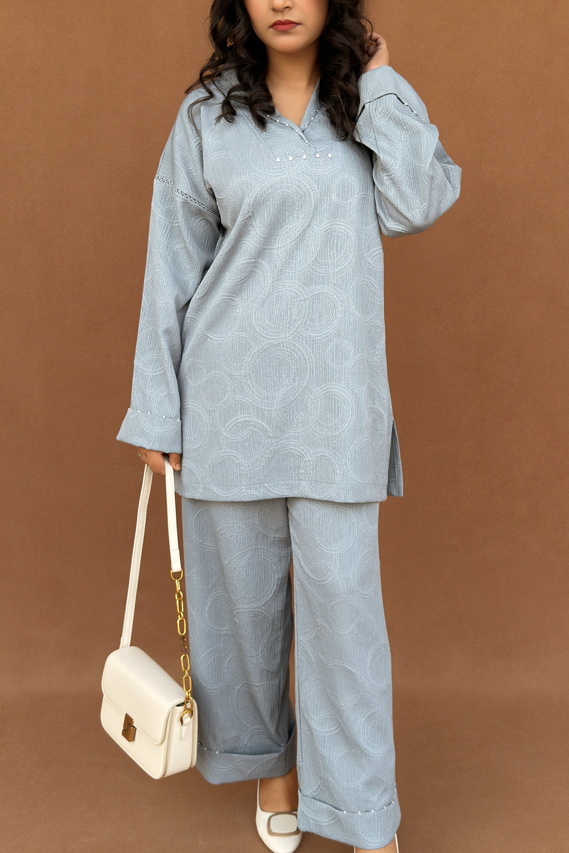 SKY Blue Co‑ord set with Pearl Embellished