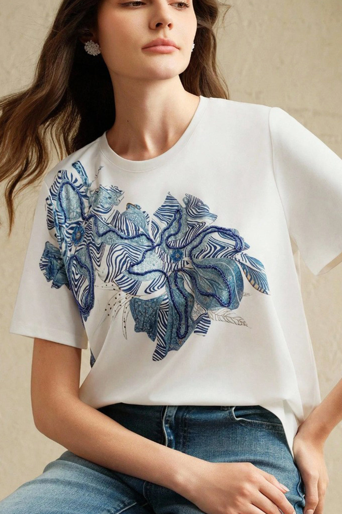 Blue Pearl‑Embellished Floral Graphic white shirt