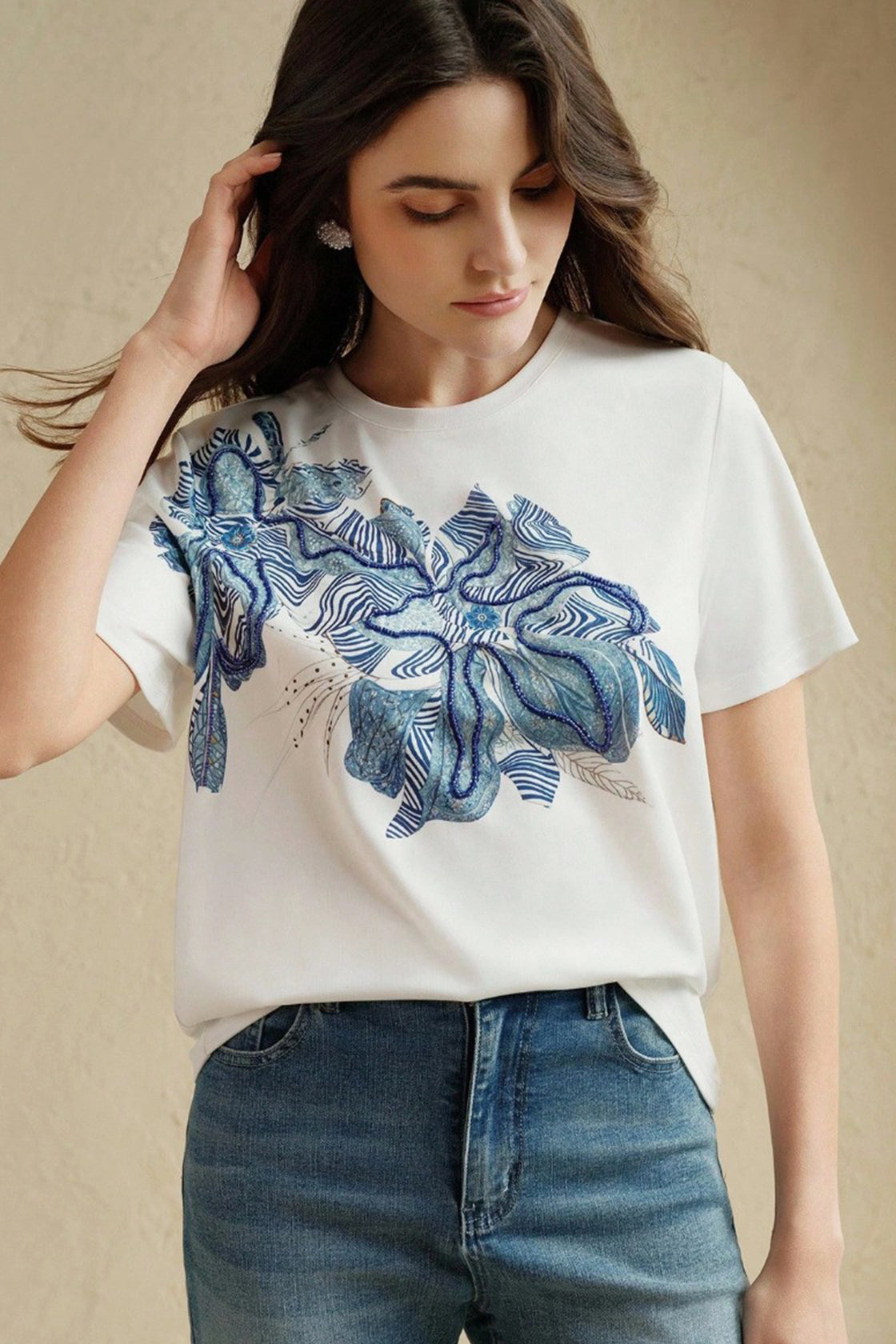 Blue Pearl‑Embellished Floral Graphic white shirt