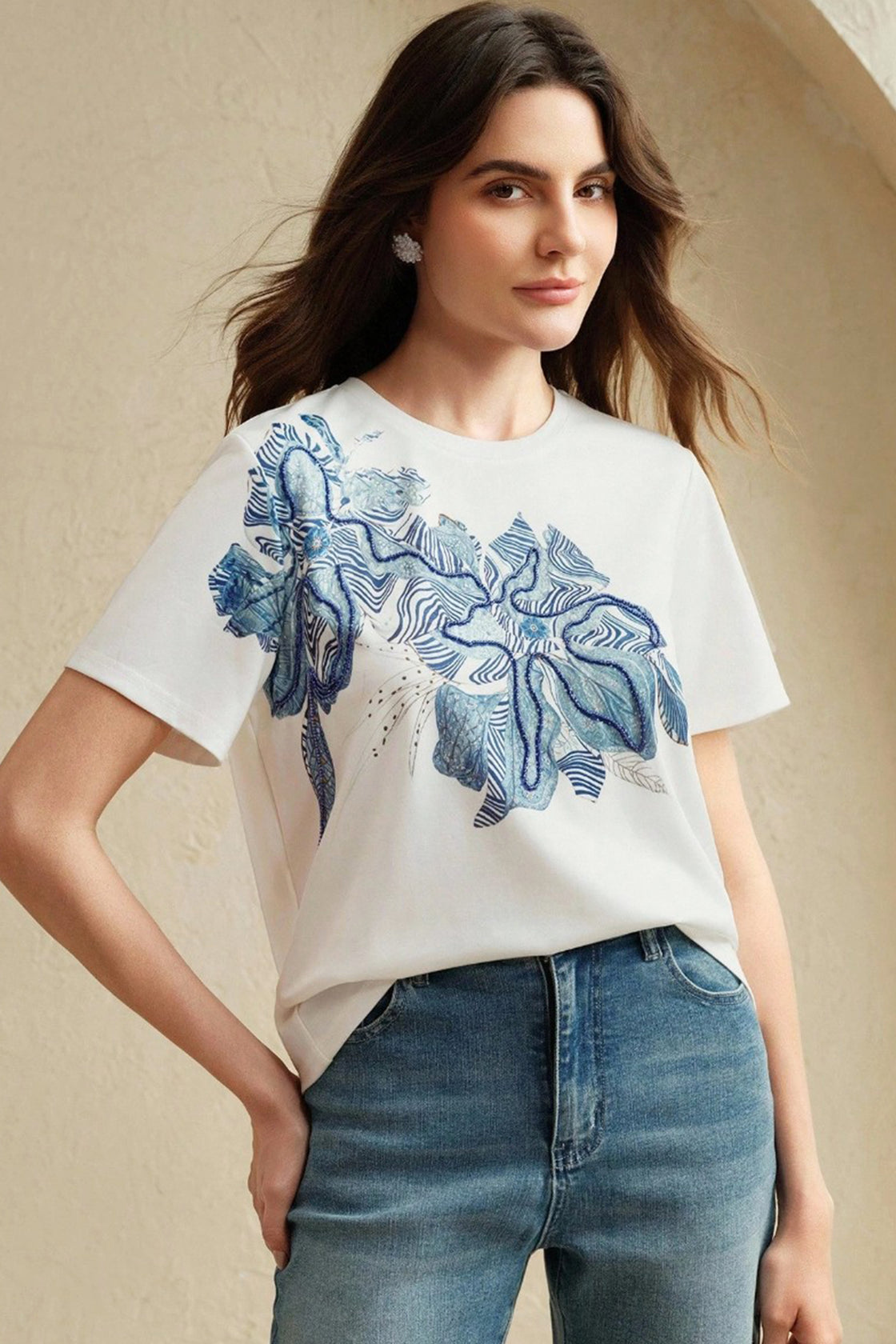 Blue Pearl‑Embellished Floral Graphic white shirt