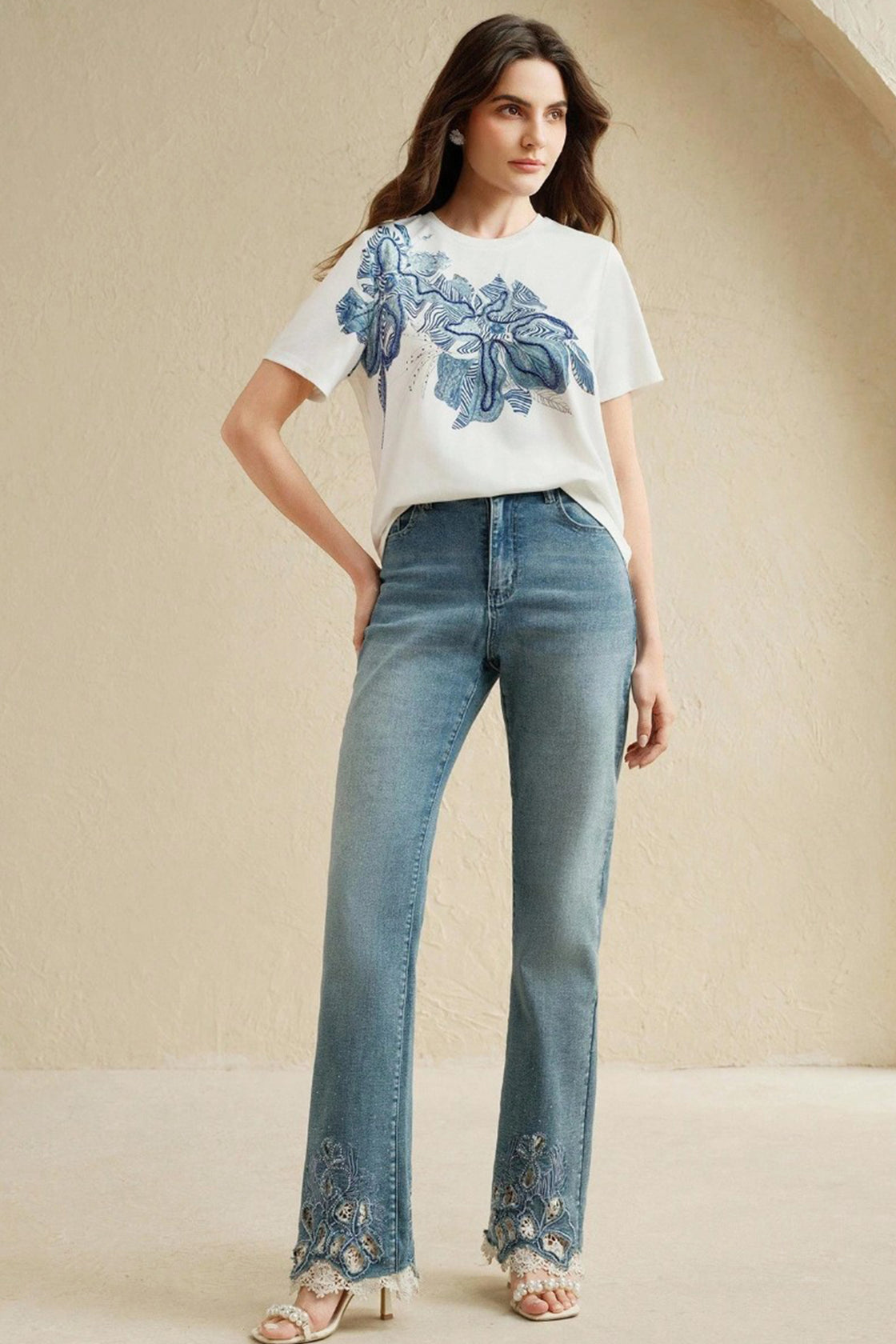 Blue Pearl‑Embellished Floral Graphic white shirt