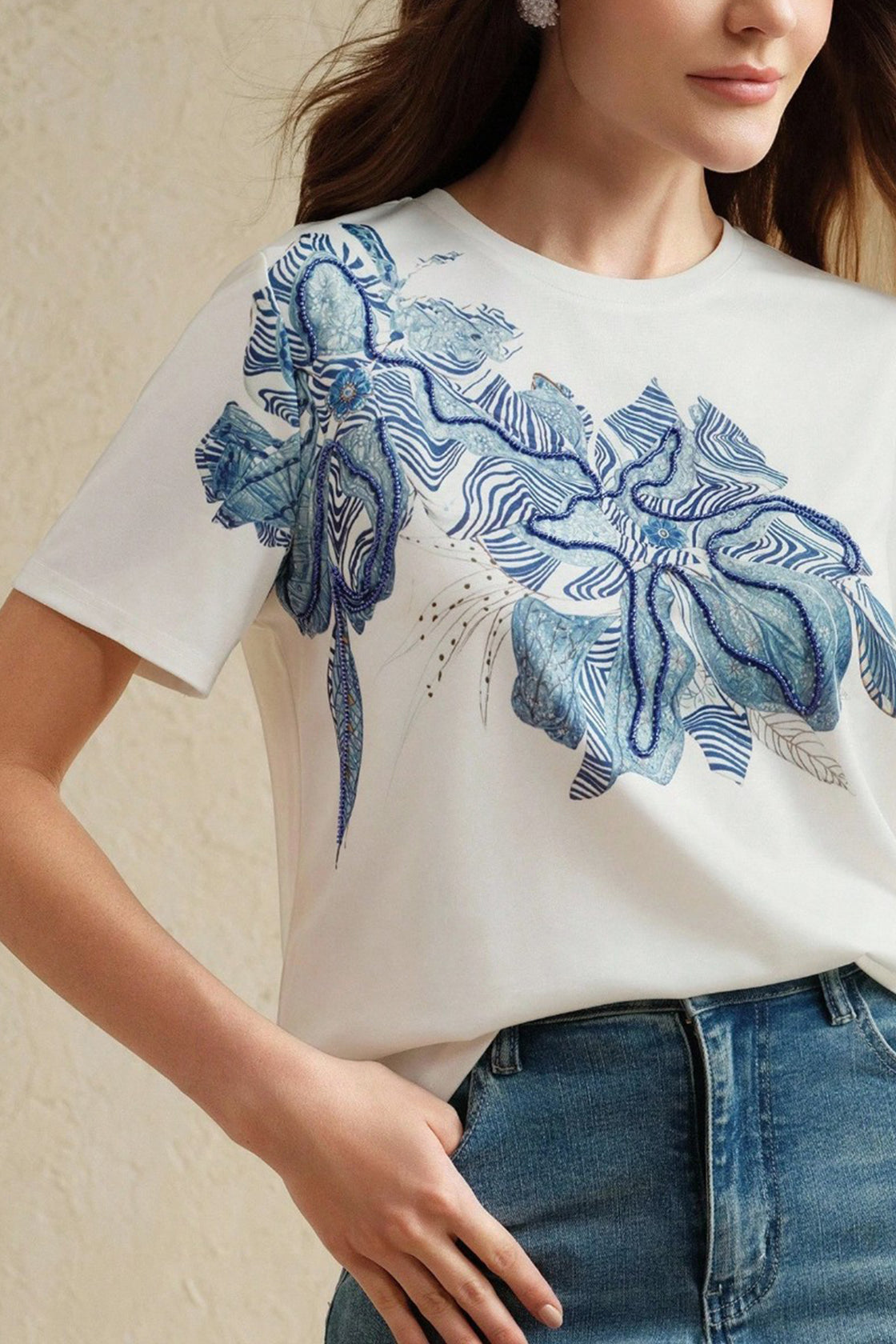 Blue Pearl‑Embellished Floral Graphic white shirt