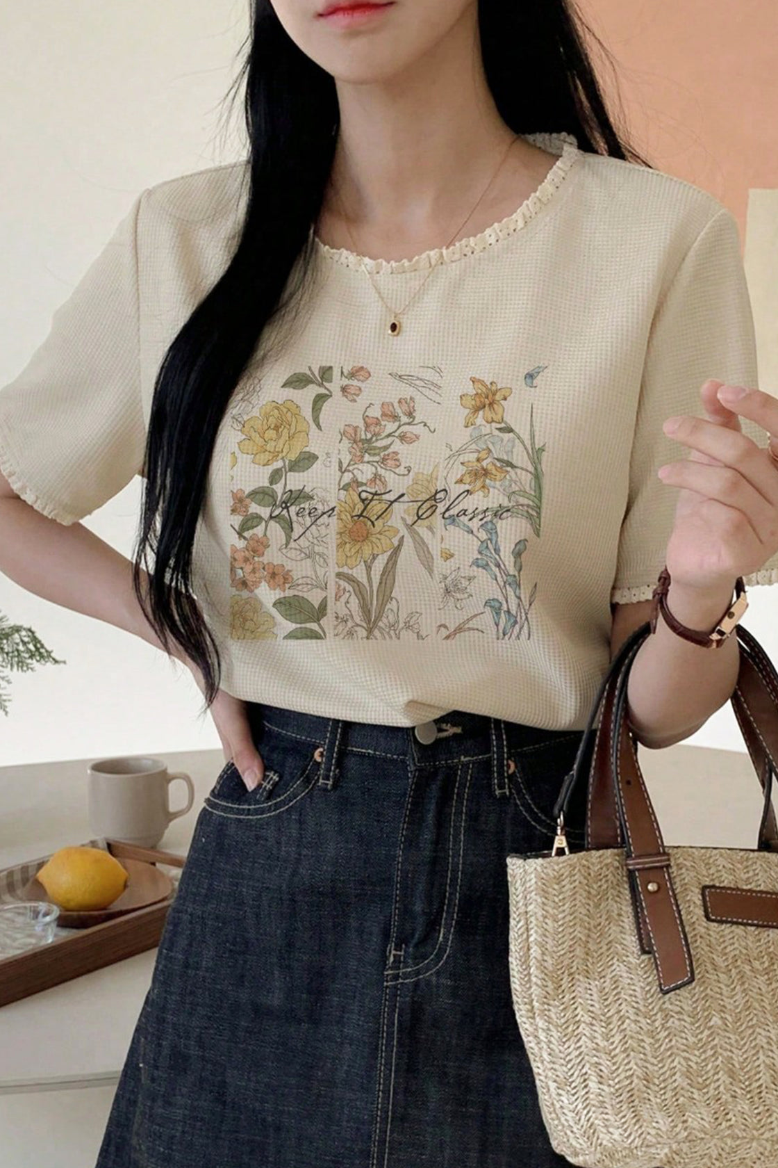 Classy Floral Top in light beige‑white fabric