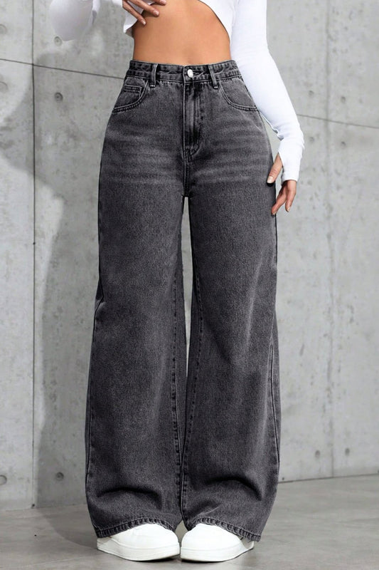 Wide-leg black acid-wash jeans. - Nemow