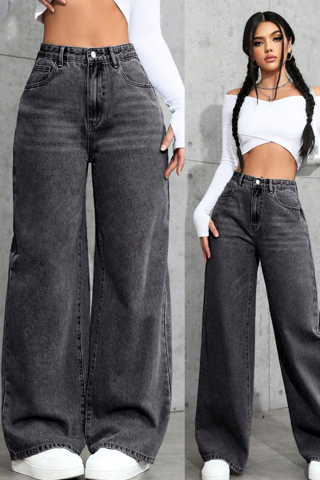 Wide-leg black acid-wash jeans.