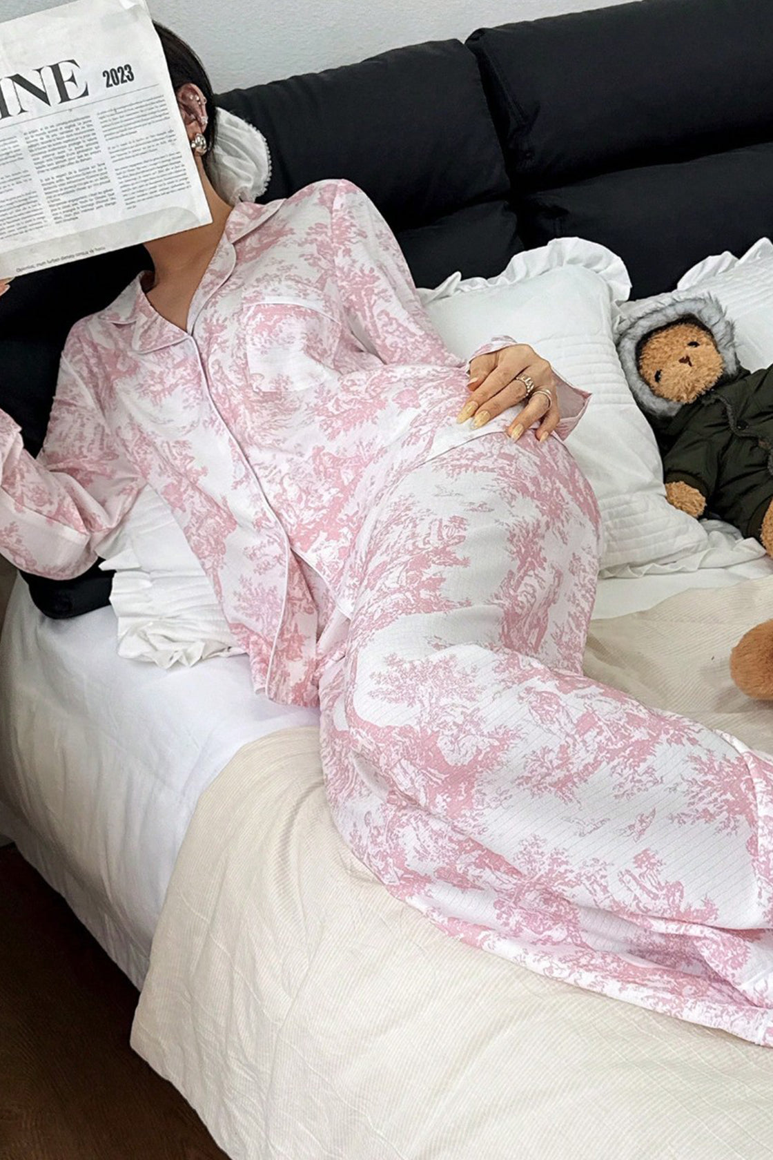 Pink and white floral pajama set (shirt and pants)