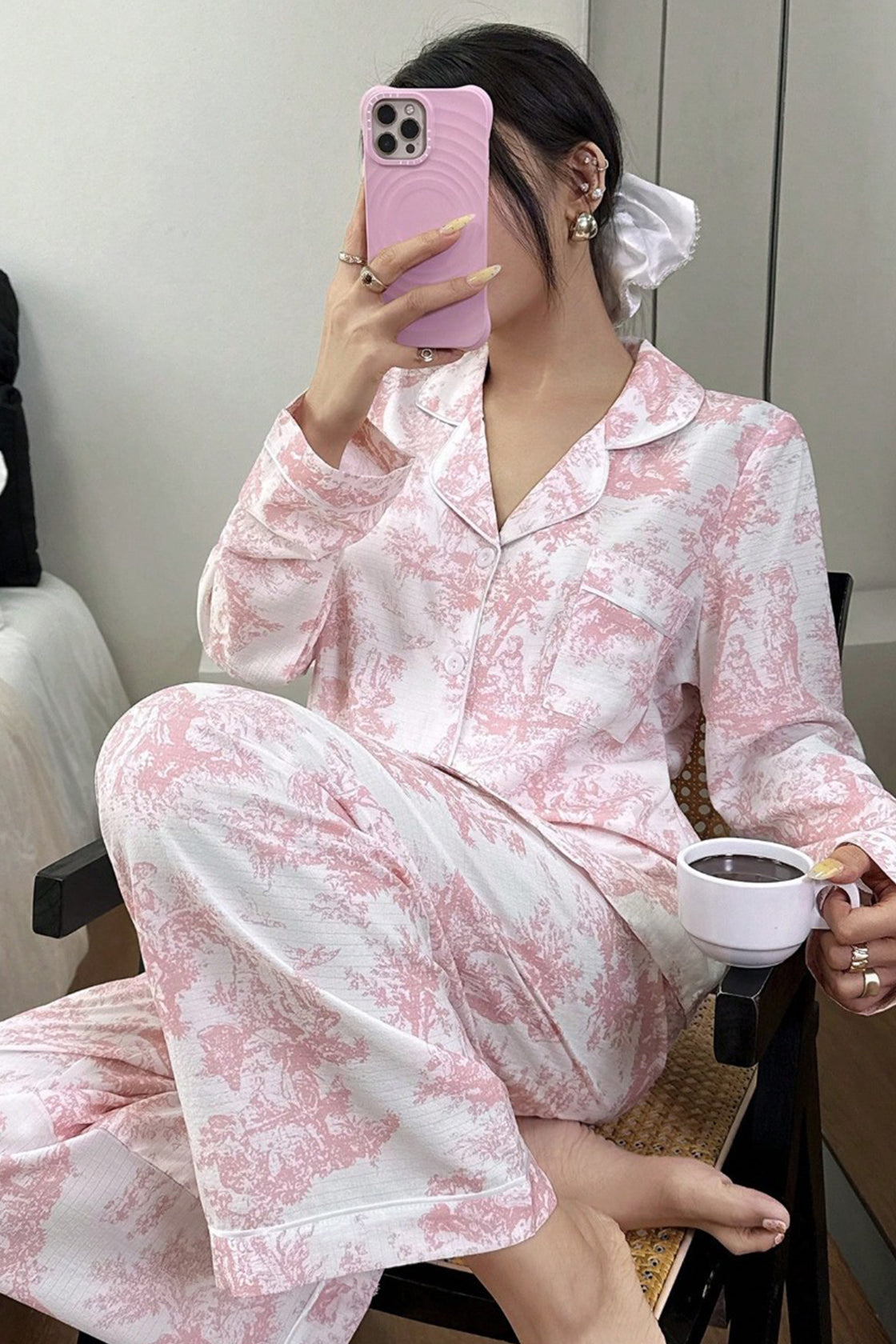 Pink and white floral pajama set (shirt and pants)