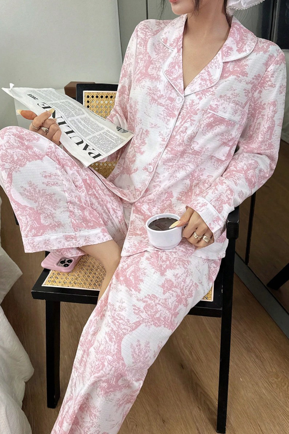 Pink and white floral pajama set (shirt and pants)