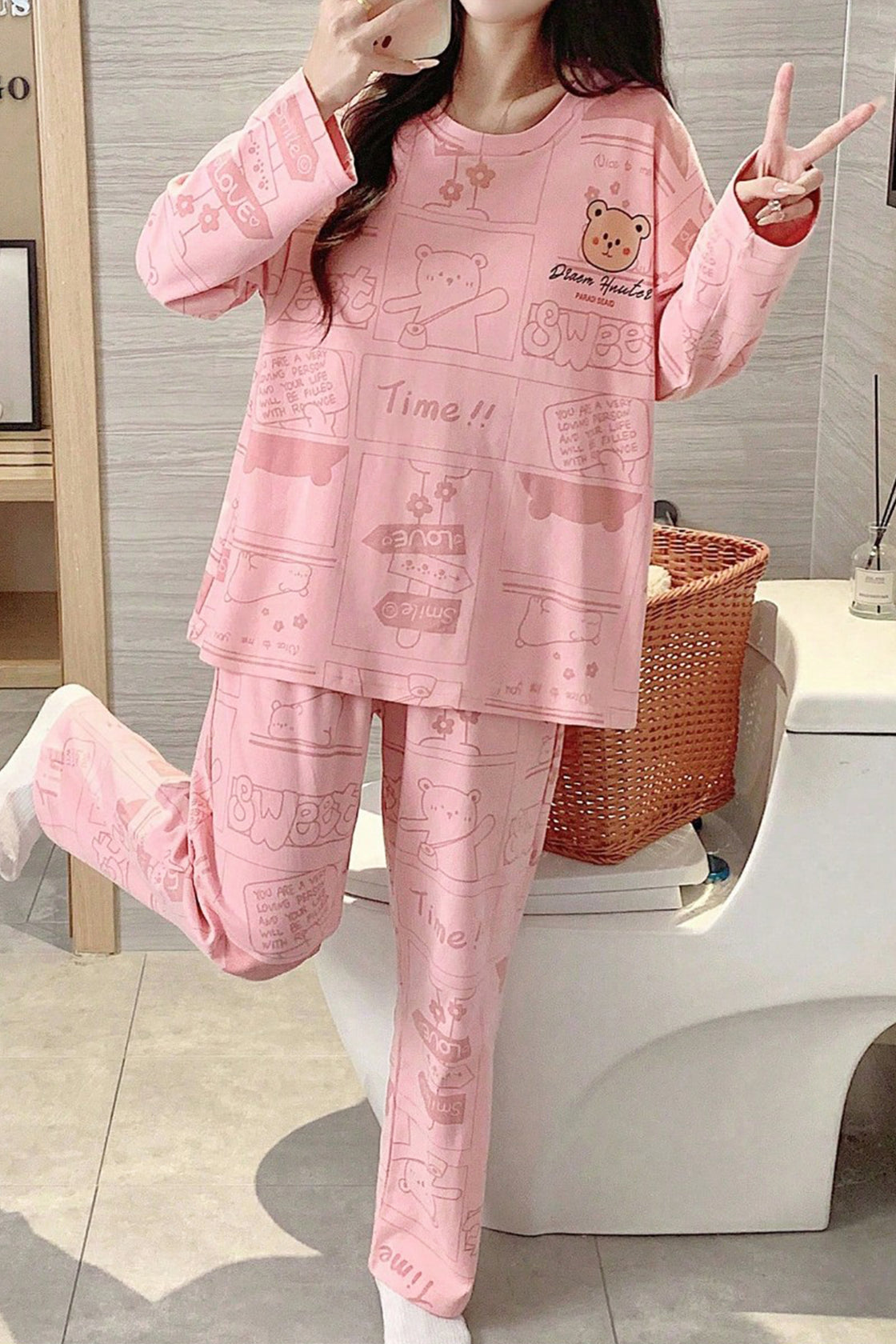 Pink cartoon‑bear printed  night suit.