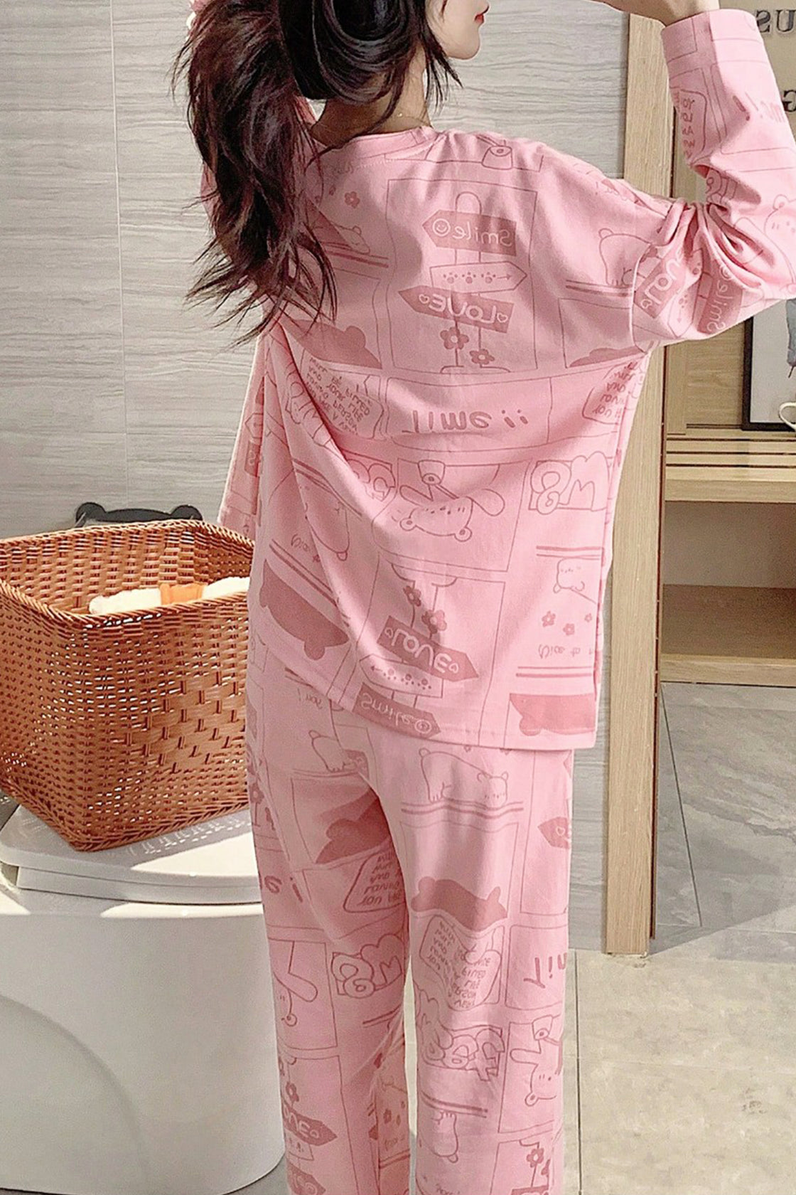 Pink cartoon‑bear printed  night suit.