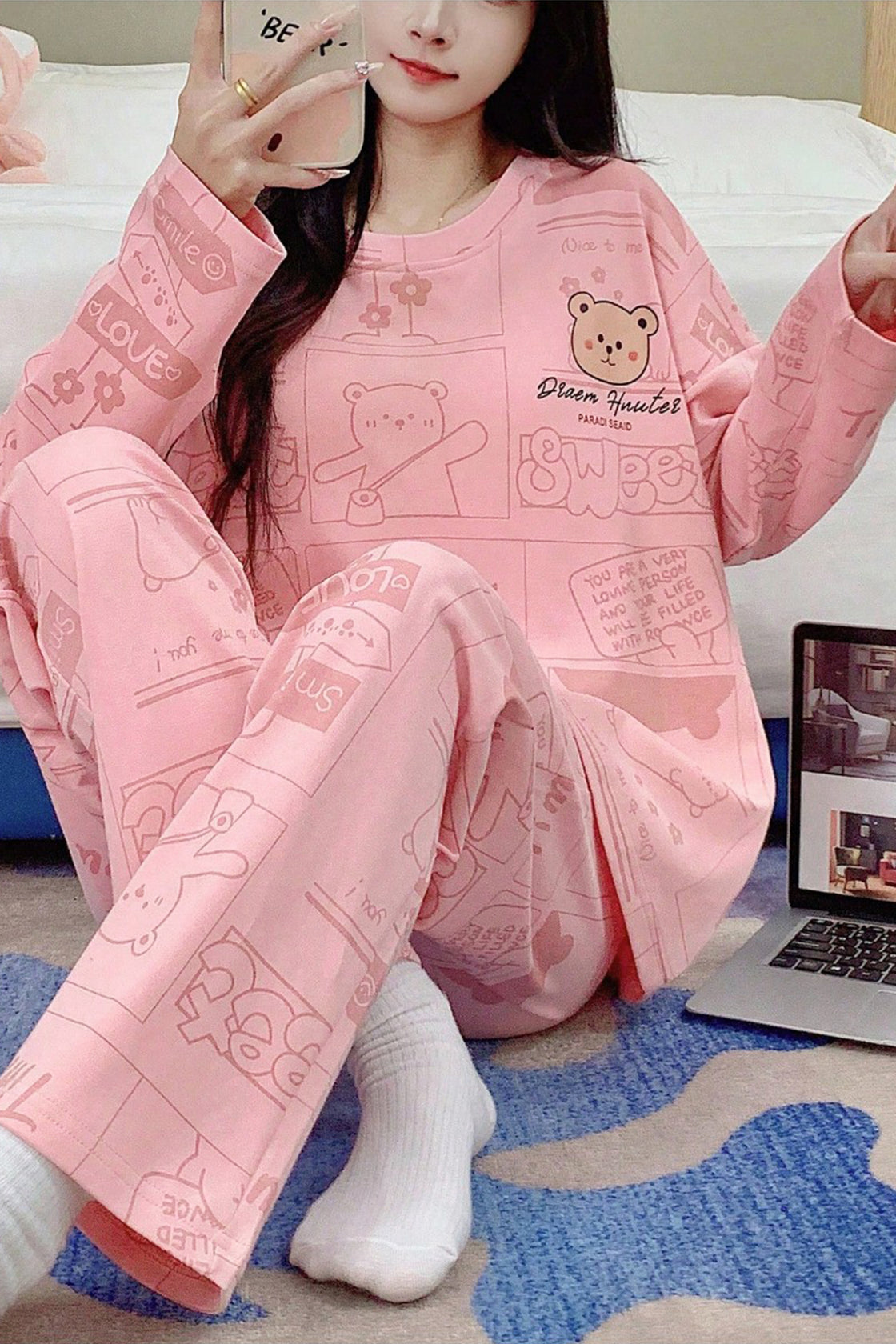 Pink cartoon‑bear printed  night suit.