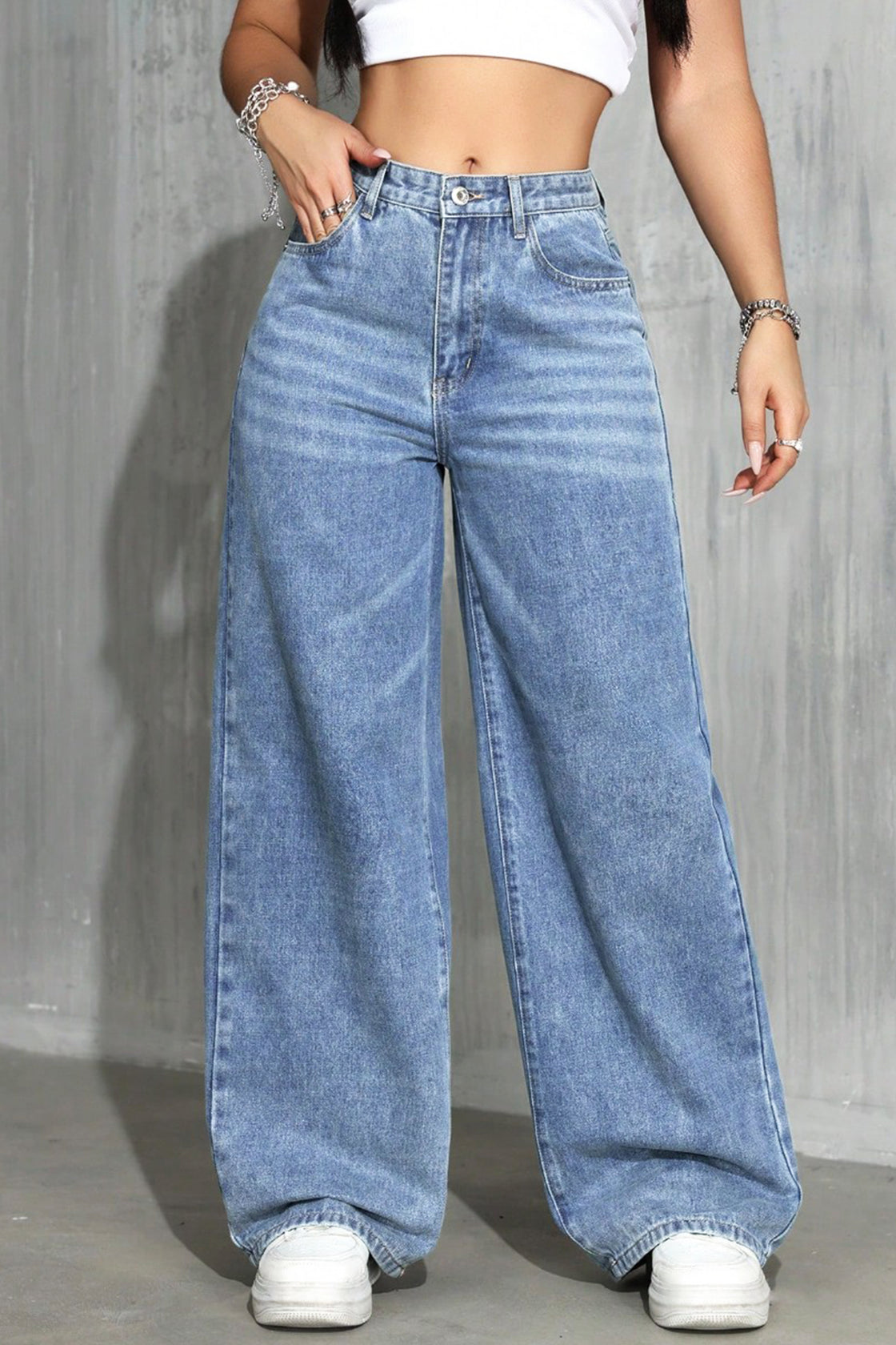 Baggy or flare jeans,  color is blue denim